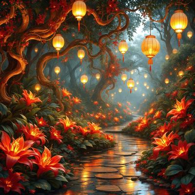 The primary subject of the image is a pathway surrounded by flowers and lit by lanterns. The setting is a forest with trees and flowers, creating a serene and magical atmosphere. The visual style is a digital art or illustration, with the lanterns and flowers adding a sense of depth and detail to the scene. The colors and mood are predominantly warm and vibrant, with the red flowers and lanterns creating a sense of warmth and enchantment.